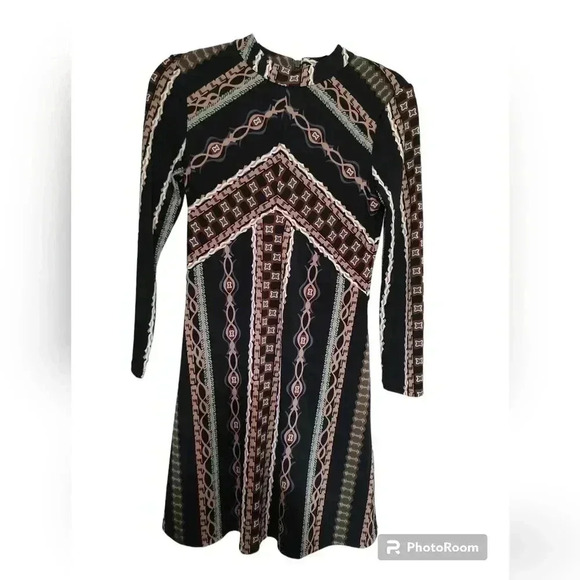 Free People Stella Black Patterned Mock Neck Long Sleeve Mini Dress XS - Picture 8 of 10